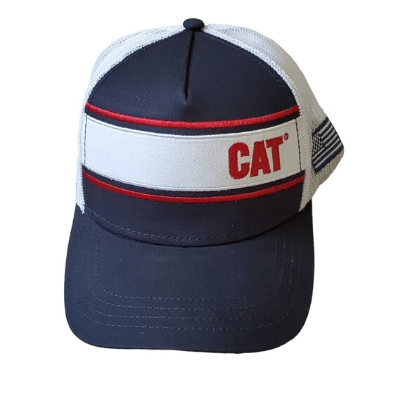 Caterpillar CAT Equipment Hat Trucker Red White Blue Twill Mesh Snapback Cap NWT - Picture 6 of 6